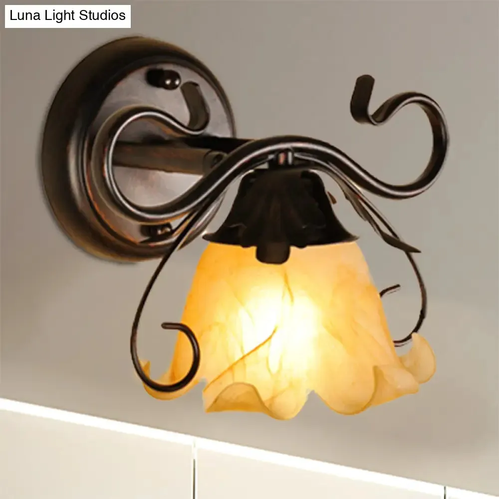 Modern Floral Yellow Glass Vanity Wall Sconce - Stylish 1/2/3-Light - Black Finish Wall Mount Lighting