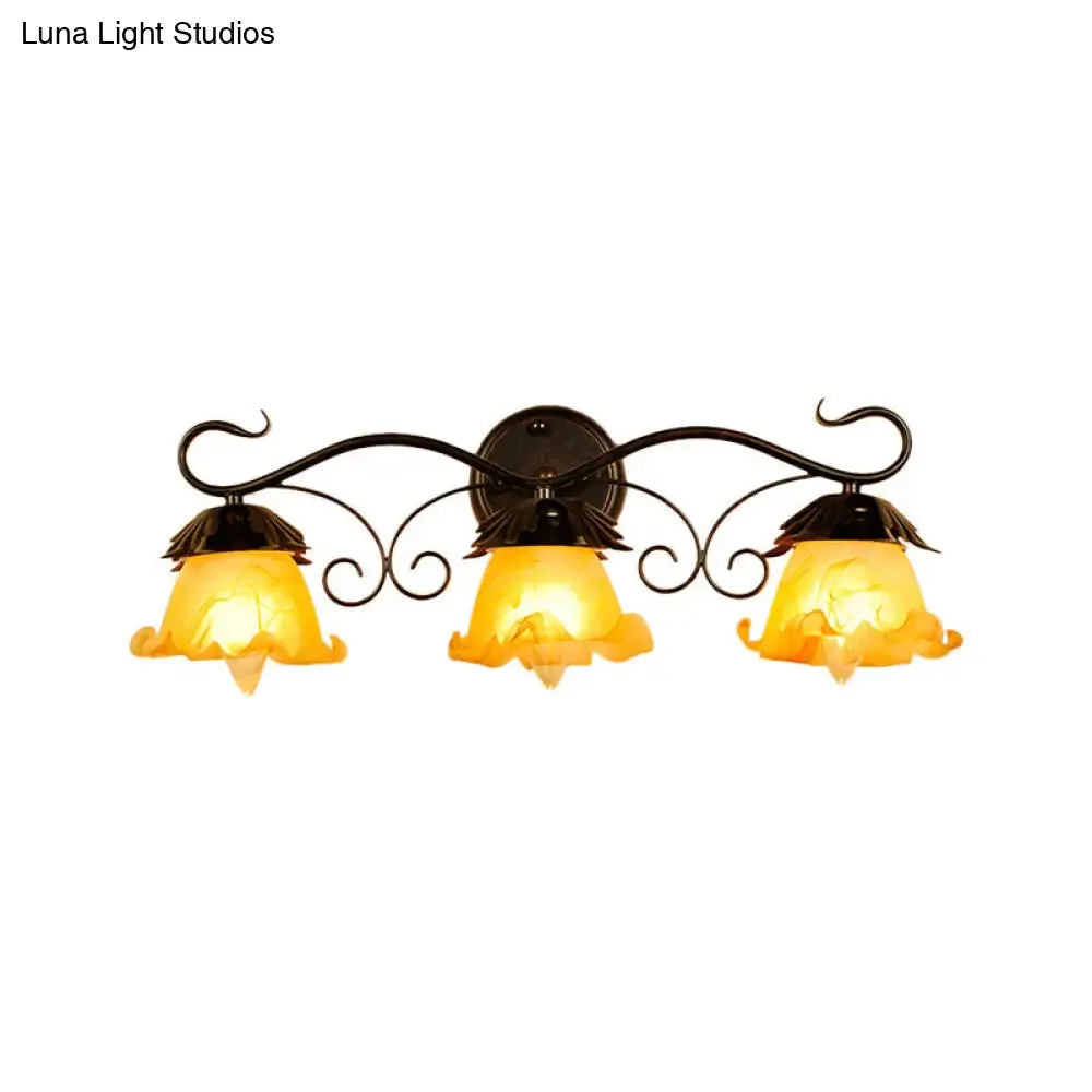 Modern Floral Yellow Glass Vanity Wall Sconce - Stylish 1/2/3-Light - Black Finish Wall Mount Lighting