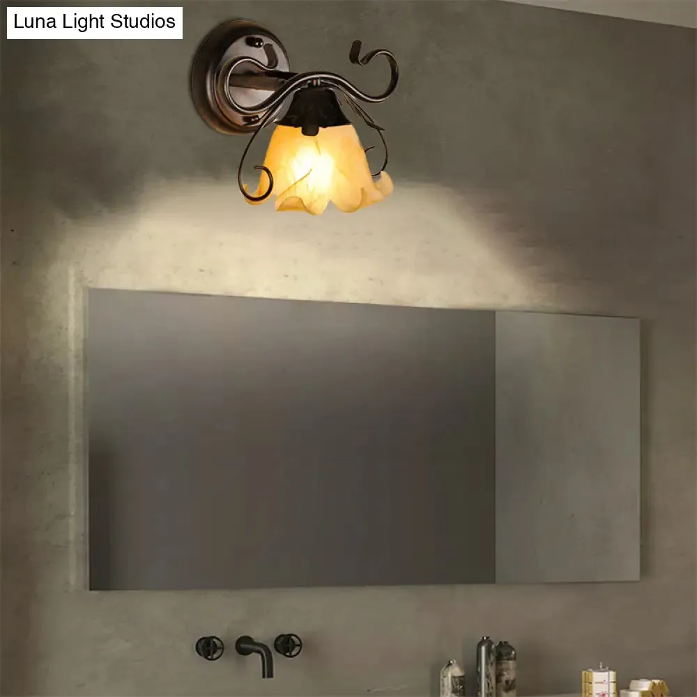 Modern Floral Yellow Glass Vanity Wall Sconce - Stylish 1/2/3-Light - Black Finish Wall Mount Lighting