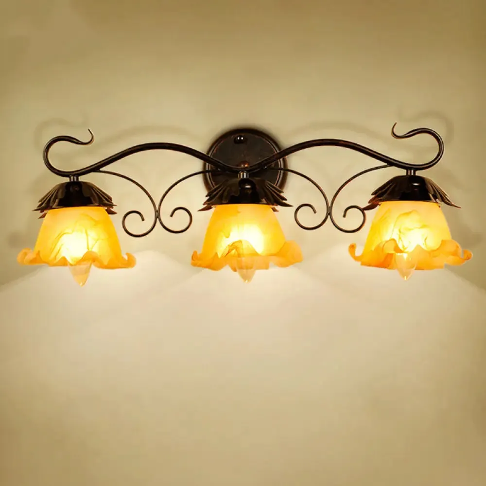 Modern Floral Yellow Glass Vanity Wall Sconce - Stylish 1/2/3-Light - Black Finish Wall Mount Lighting