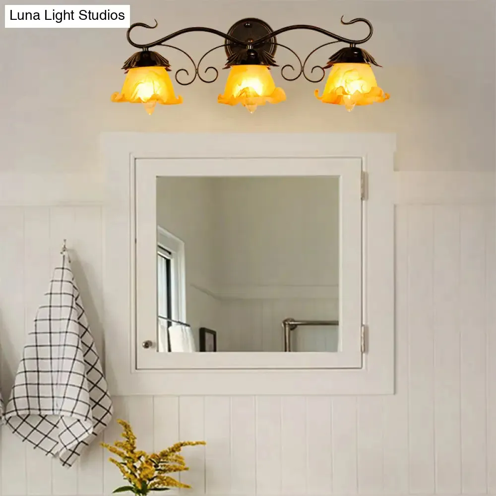 Modern Floral Yellow Glass Vanity Wall Sconce - Stylish 1/2/3-Light - Black Finish Wall Mount Lighting