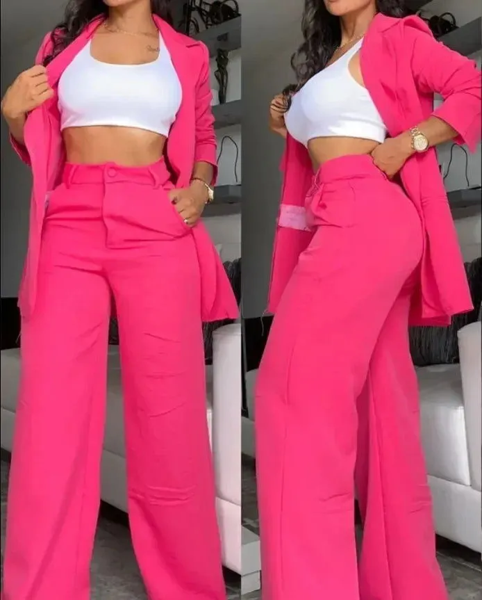 Notched Blazer and High Waist Pants Plus Size Suits