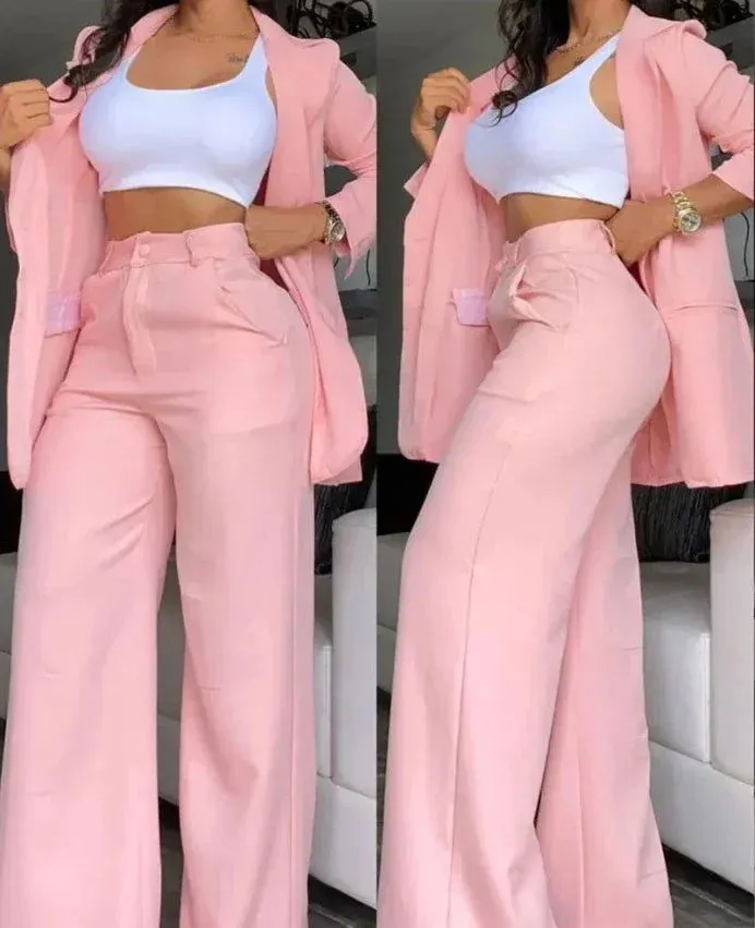 Notched Blazer and High Waist Pants Plus Size Suits