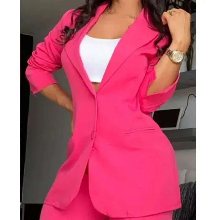 Notched Blazer and High Waist Pants Plus Size Suits