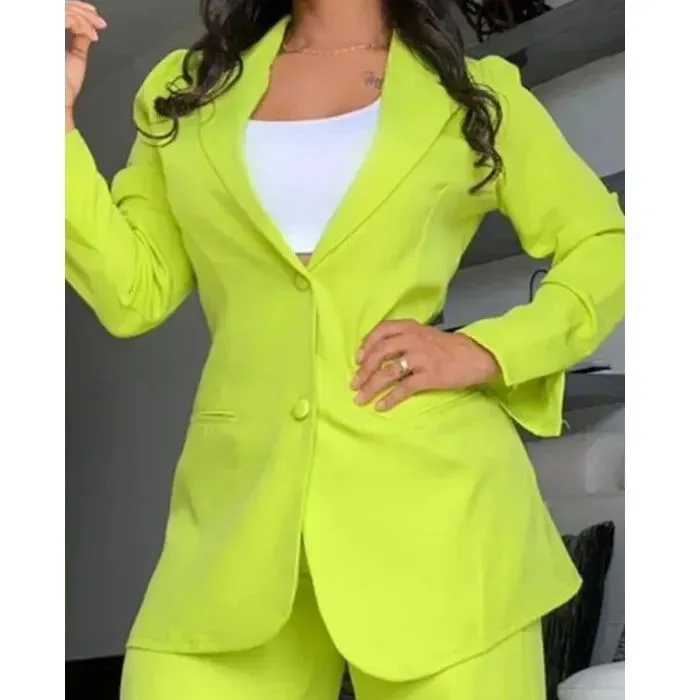 Notched Blazer and High Waist Pants Plus Size Suits