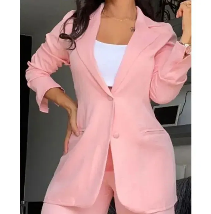 Notched Blazer and High Waist Pants Plus Size Suits