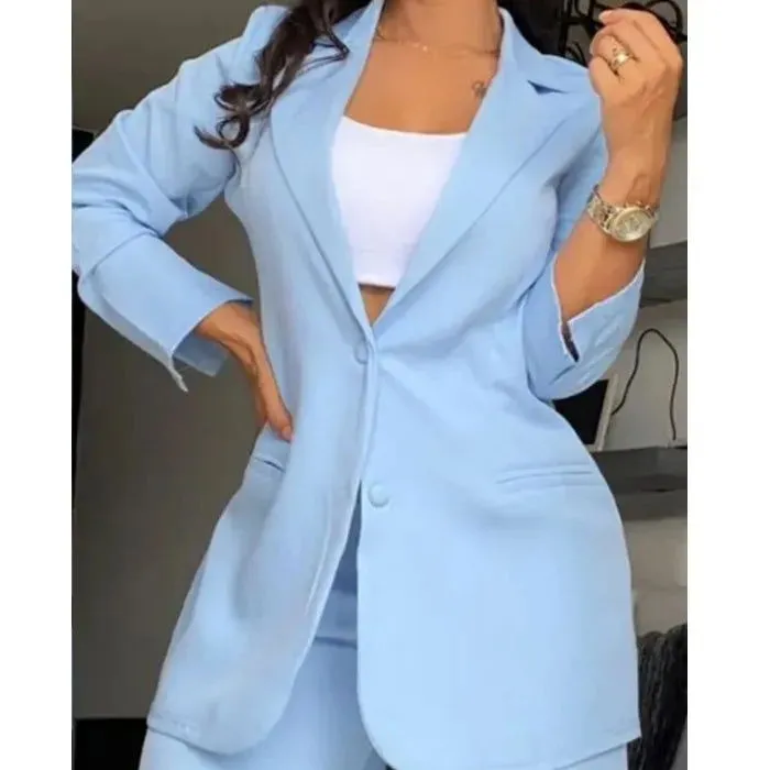 Notched Blazer and High Waist Pants Plus Size Suits