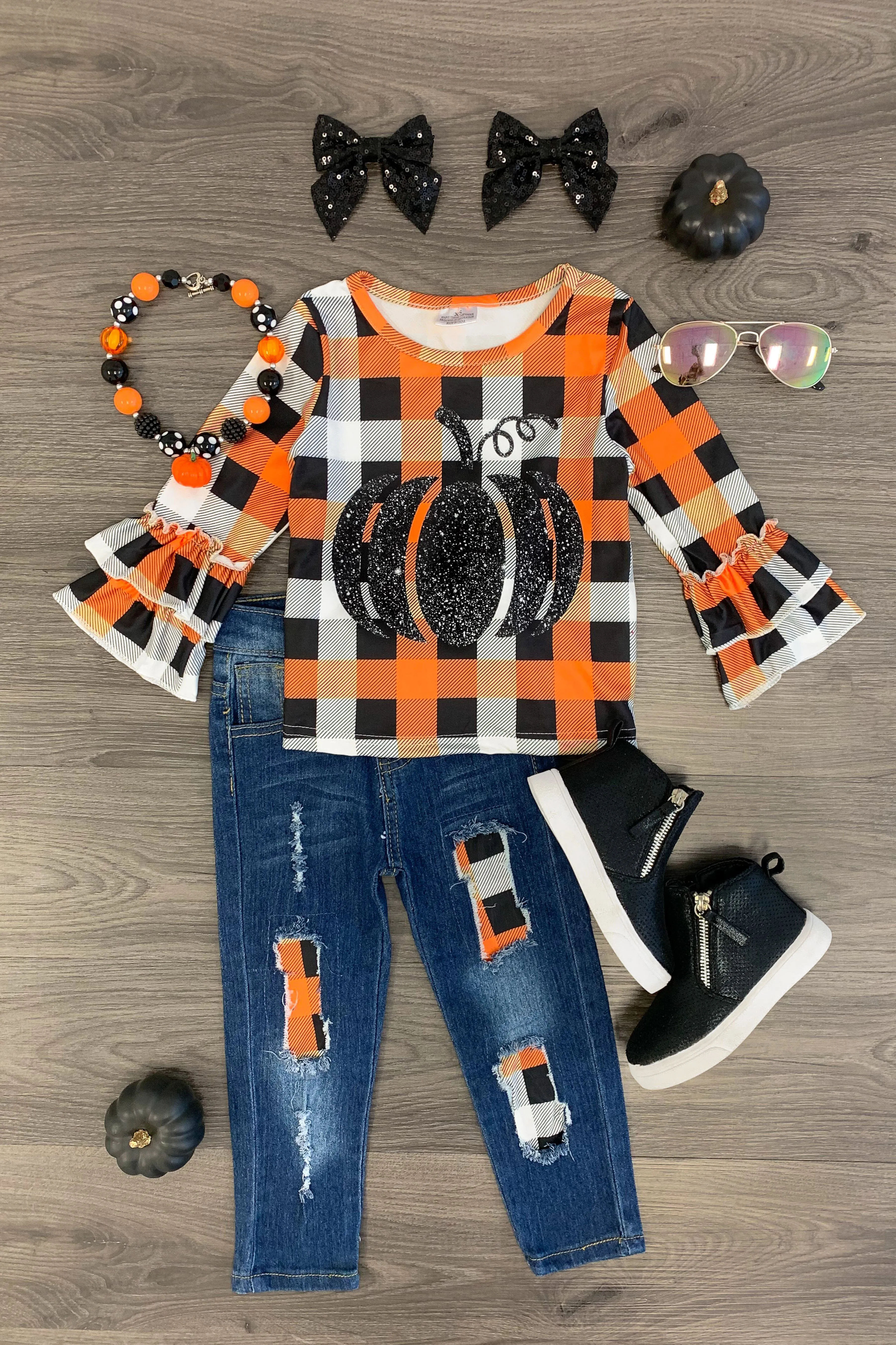 Orange Plaid Pumpkin Denim Pant Set