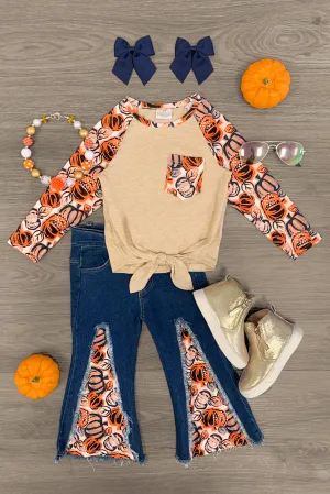 Orange Pumpkin Tie Top Denim Set