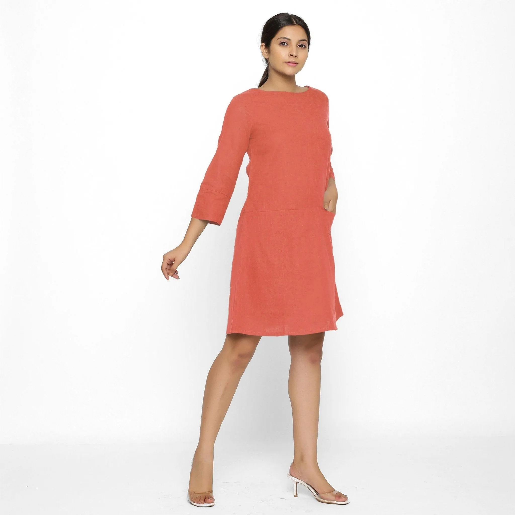 Red 100% Cotton Round Neck Short Tunic Dress