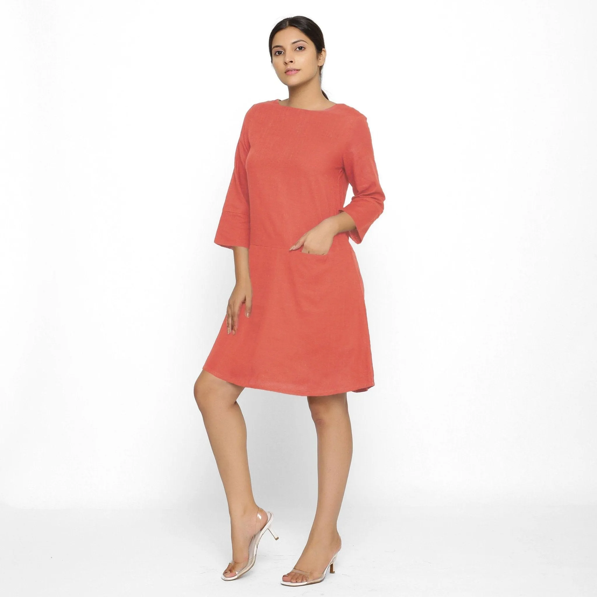 Red 100% Cotton Round Neck Short Tunic Dress