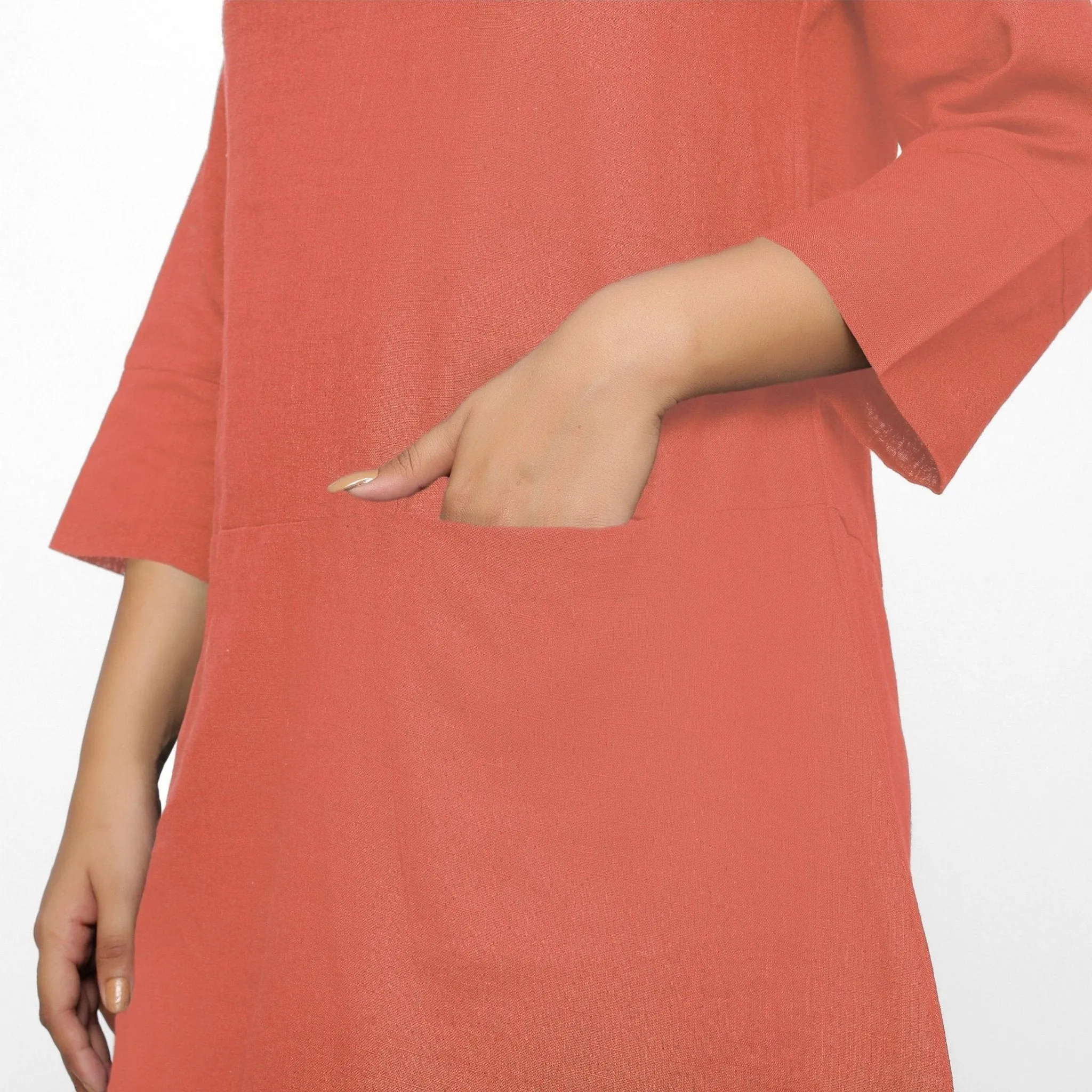 Red 100% Cotton Round Neck Short Tunic Dress