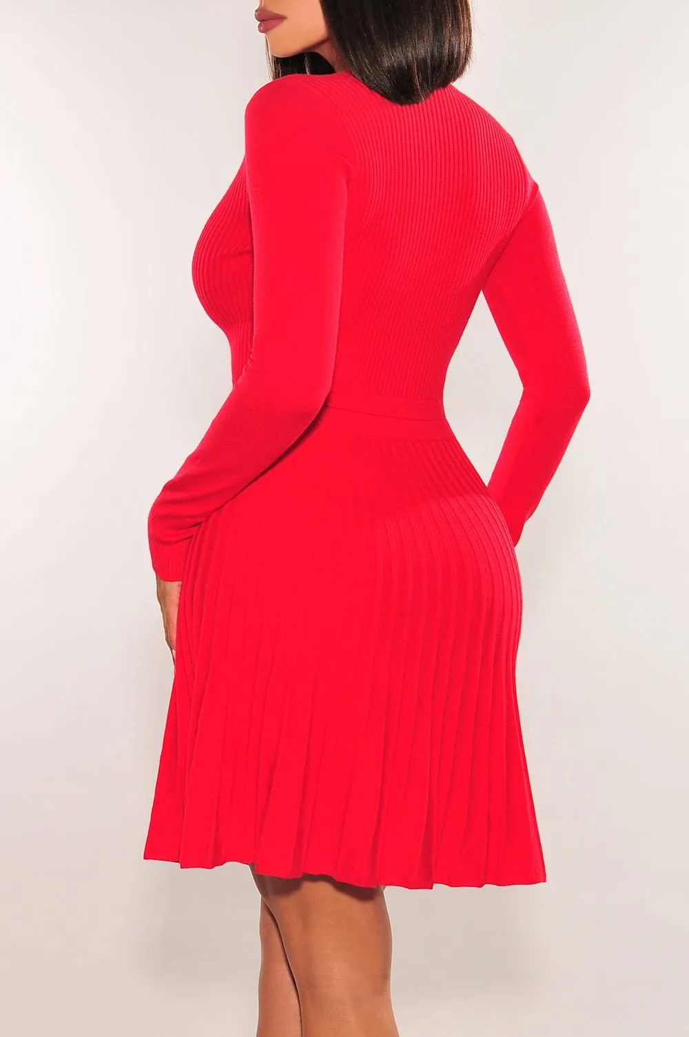 Red Ribbed Long Sleeve Round Neck Button Down Pleated Dress