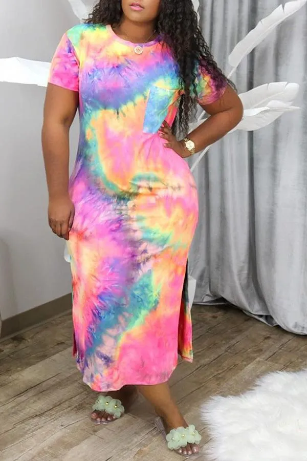 Relaxed Tie Dye Short Sleeved Slit Maxi Dress