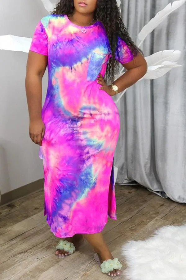 Relaxed Tie Dye Short Sleeved Slit Maxi Dress