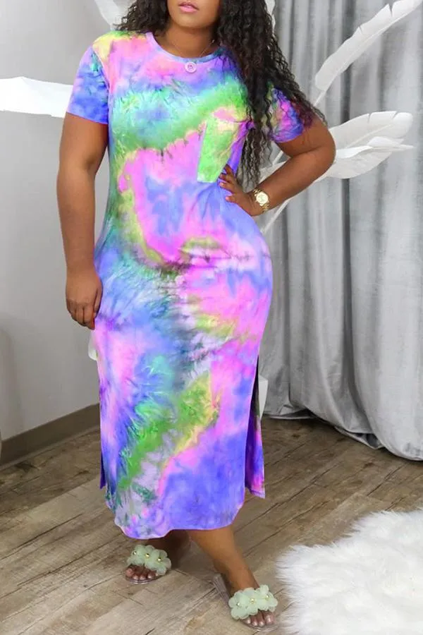 Relaxed Tie Dye Short Sleeved Slit Maxi Dress