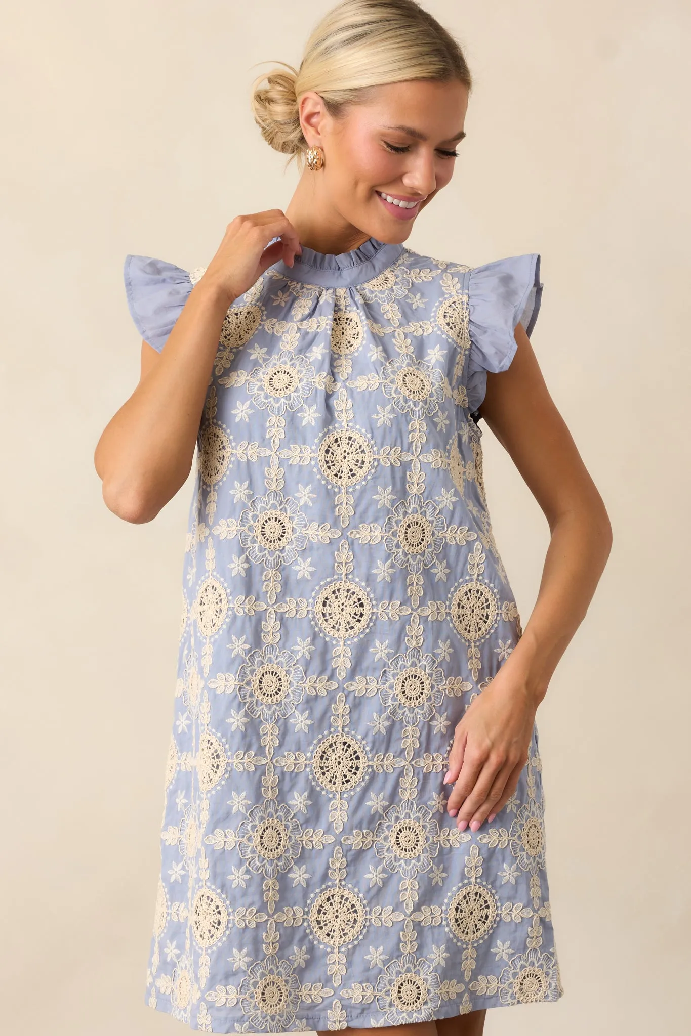 Skyview Serenity Cotton Dusty Blue Embroidered Mini Dress