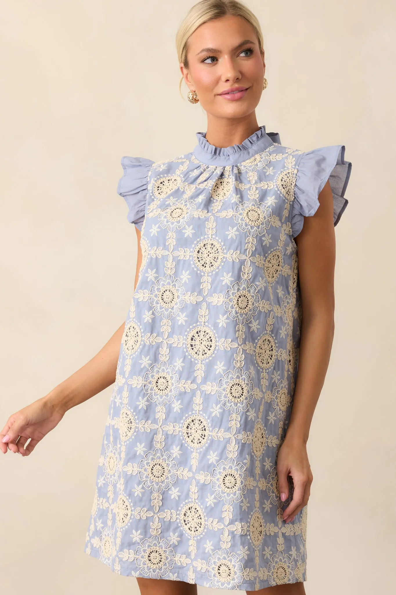 Skyview Serenity Cotton Dusty Blue Embroidered Mini Dress