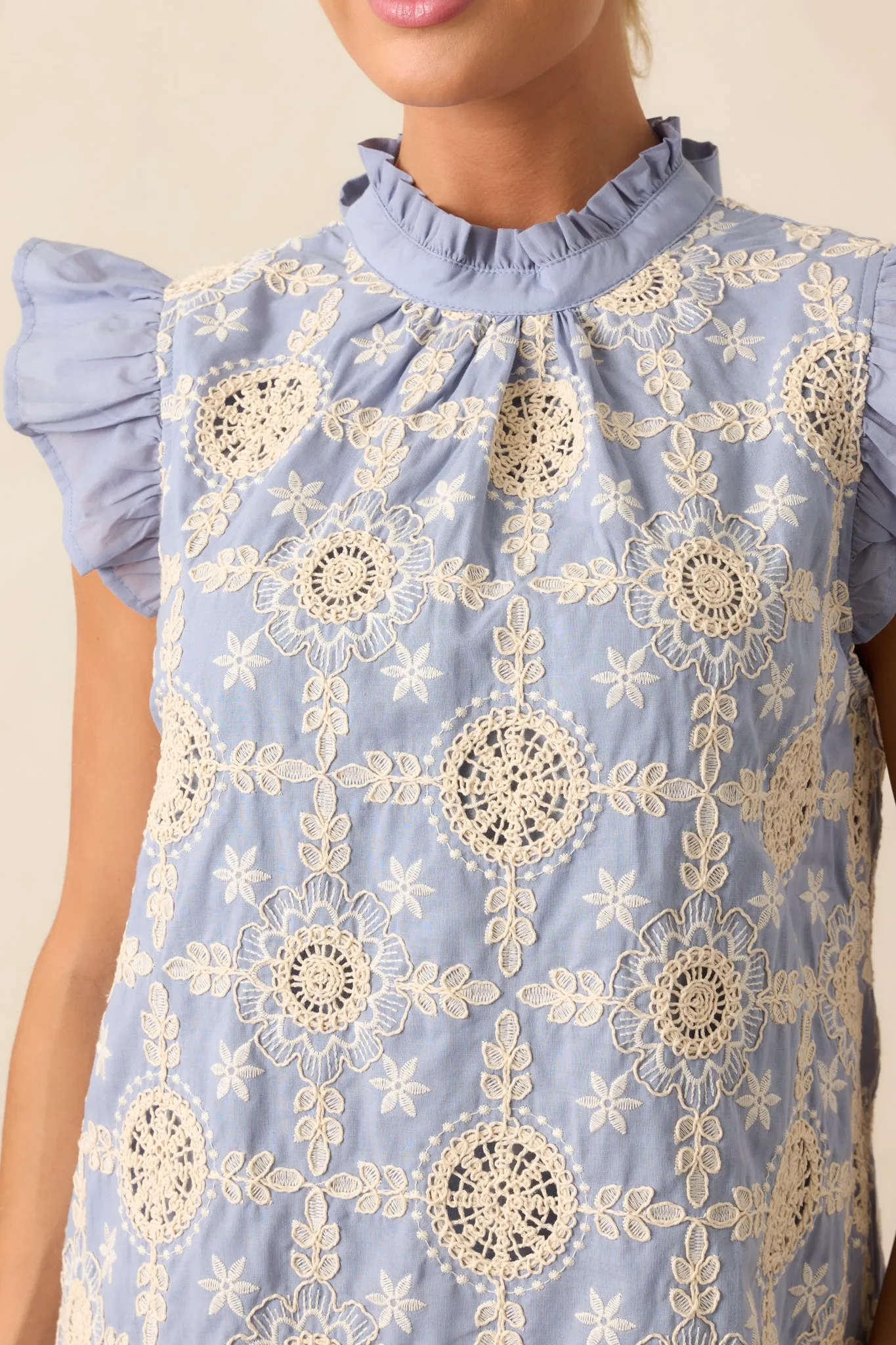 Skyview Serenity Cotton Dusty Blue Embroidered Mini Dress