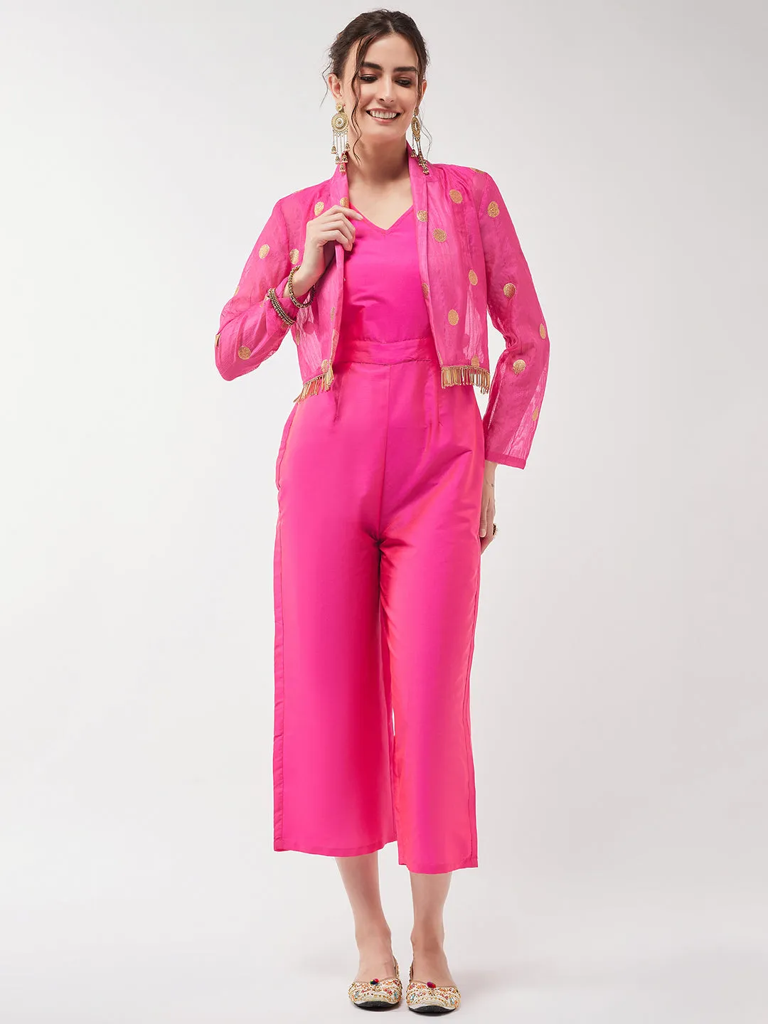 Solid Jumpsuit With Polka Tasseled Blazer