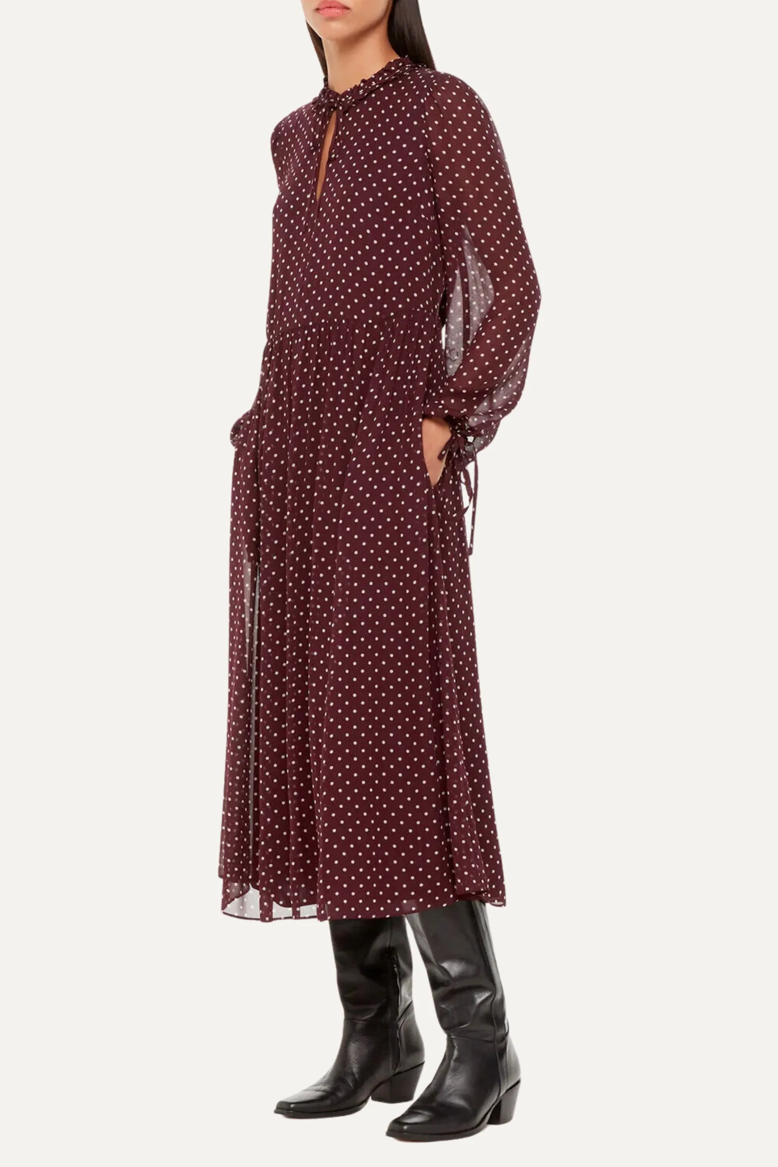 Spot Print Trapeze Midi Dress - Burgundy/ Multi