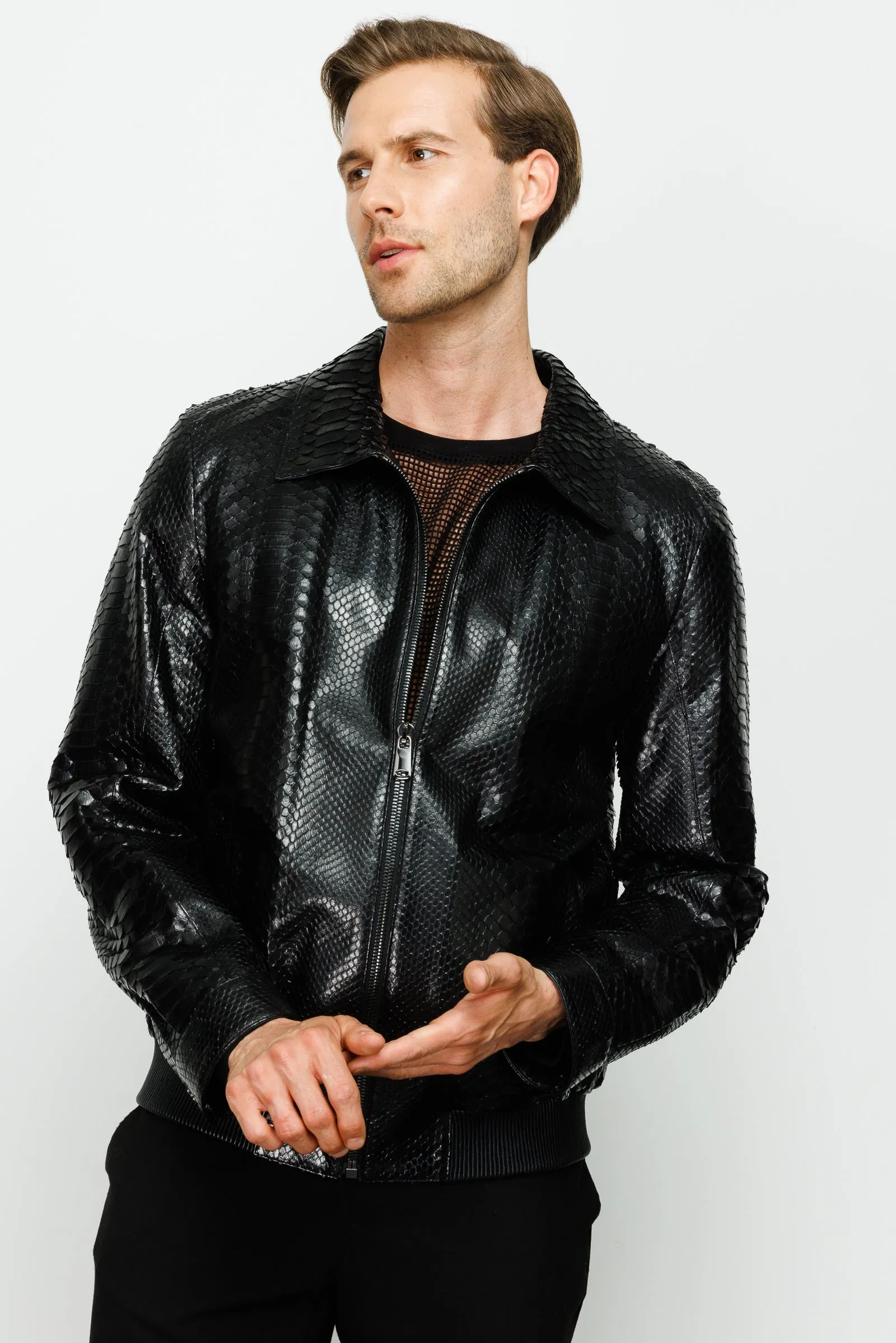 The Claribel Pythn Black Skin Leather Men Jacket