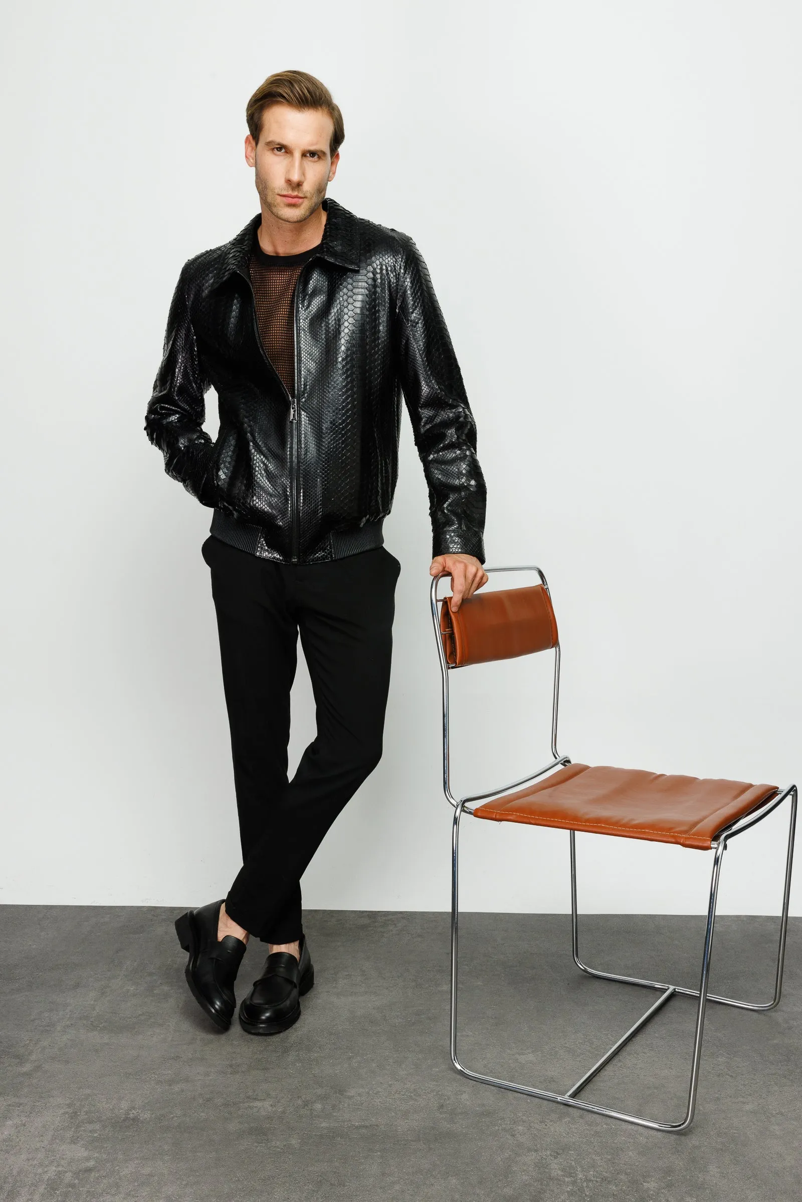 The Claribel Pythn Black Skin Leather Men Jacket