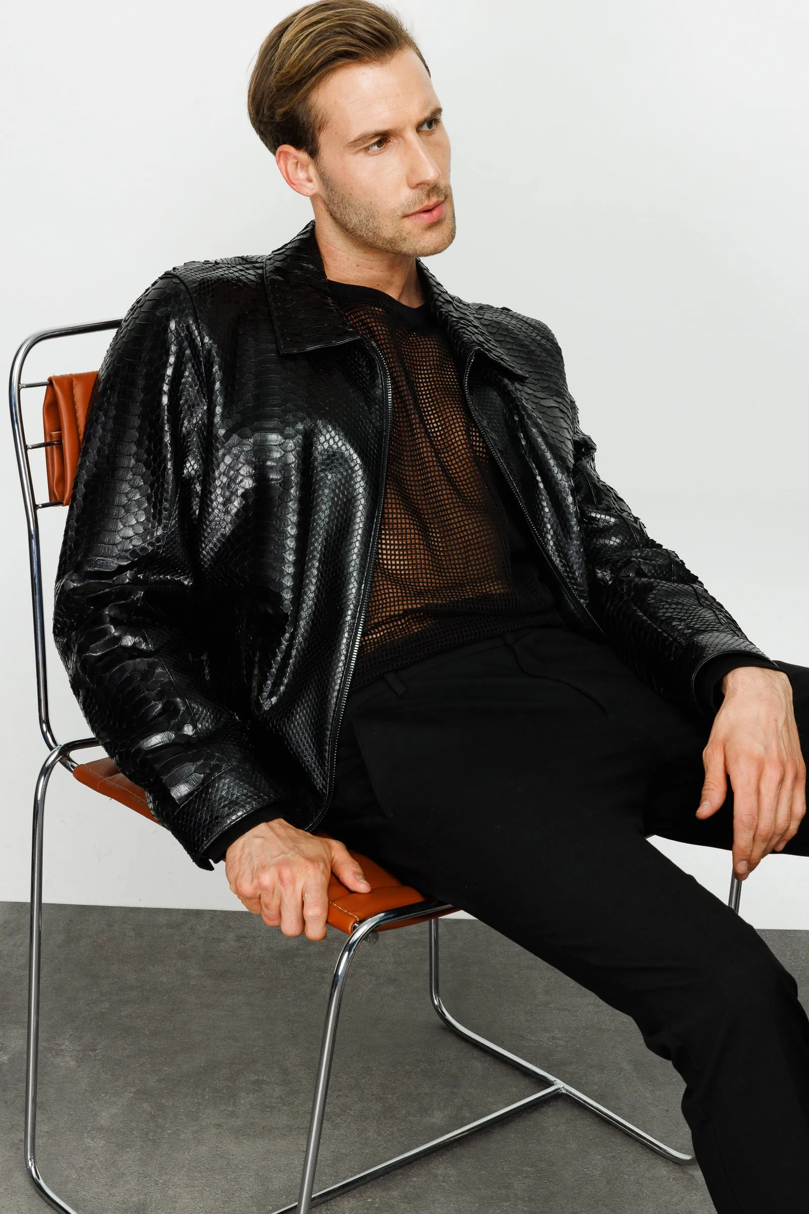 The Claribel Pythn Black Skin Leather Men Jacket