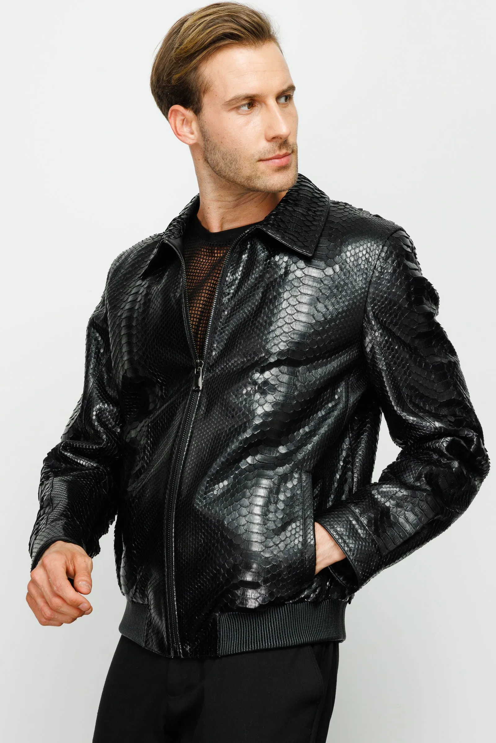 The Claribel Pythn Black Skin Leather Men Jacket