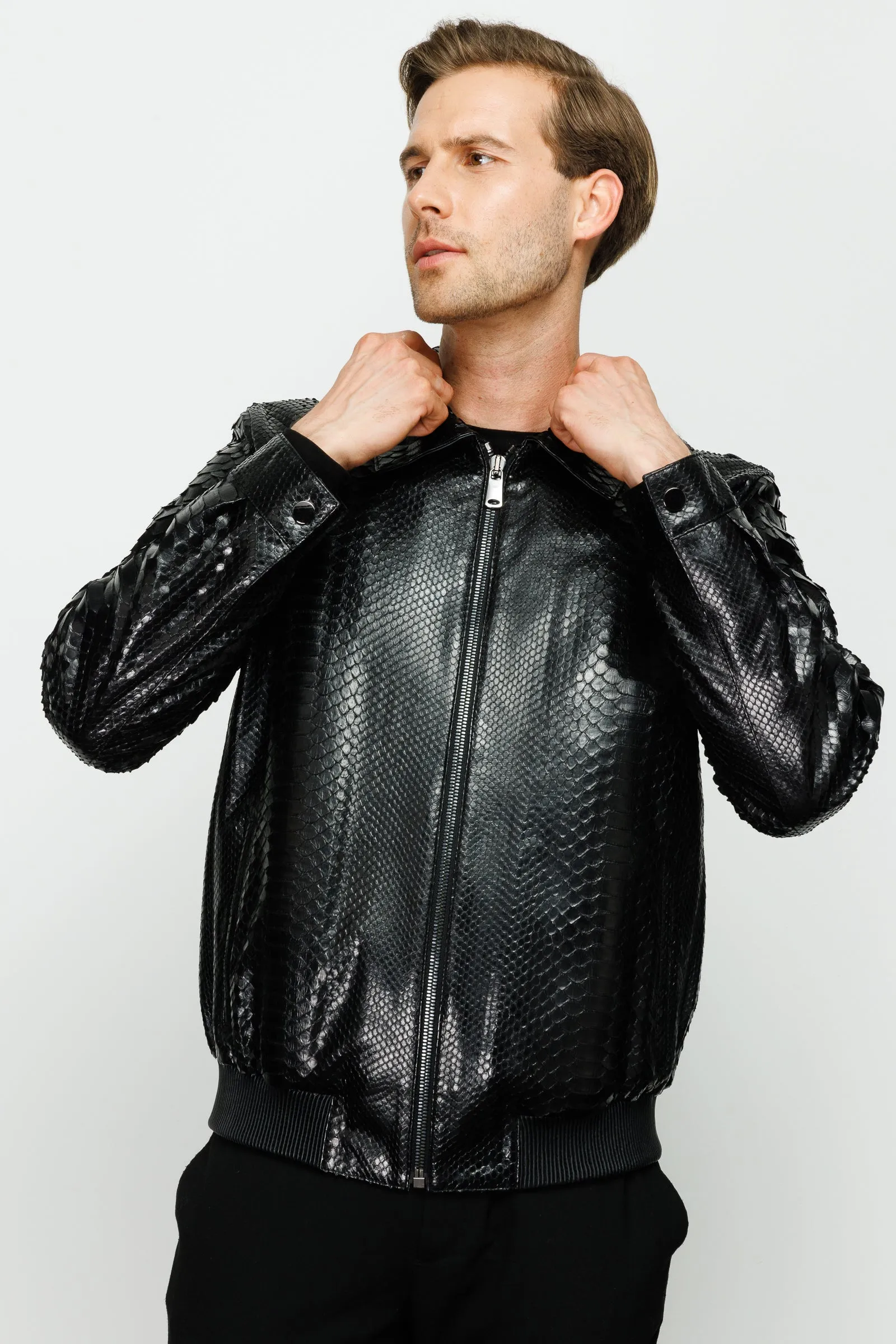 The Claribel Pythn Black Skin Leather Men Jacket