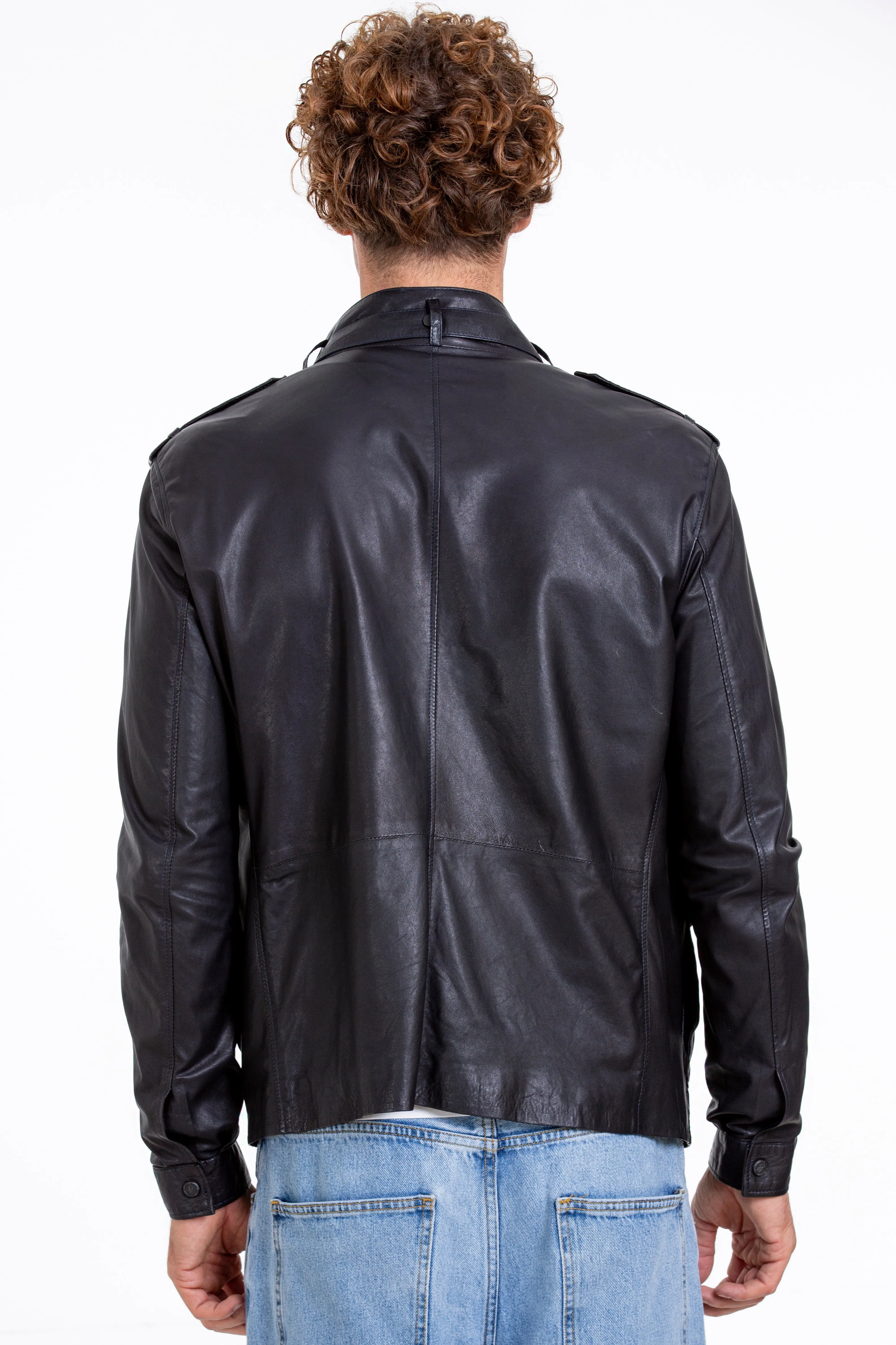 The Karabanchel Navy Blue Leather Men Jacket