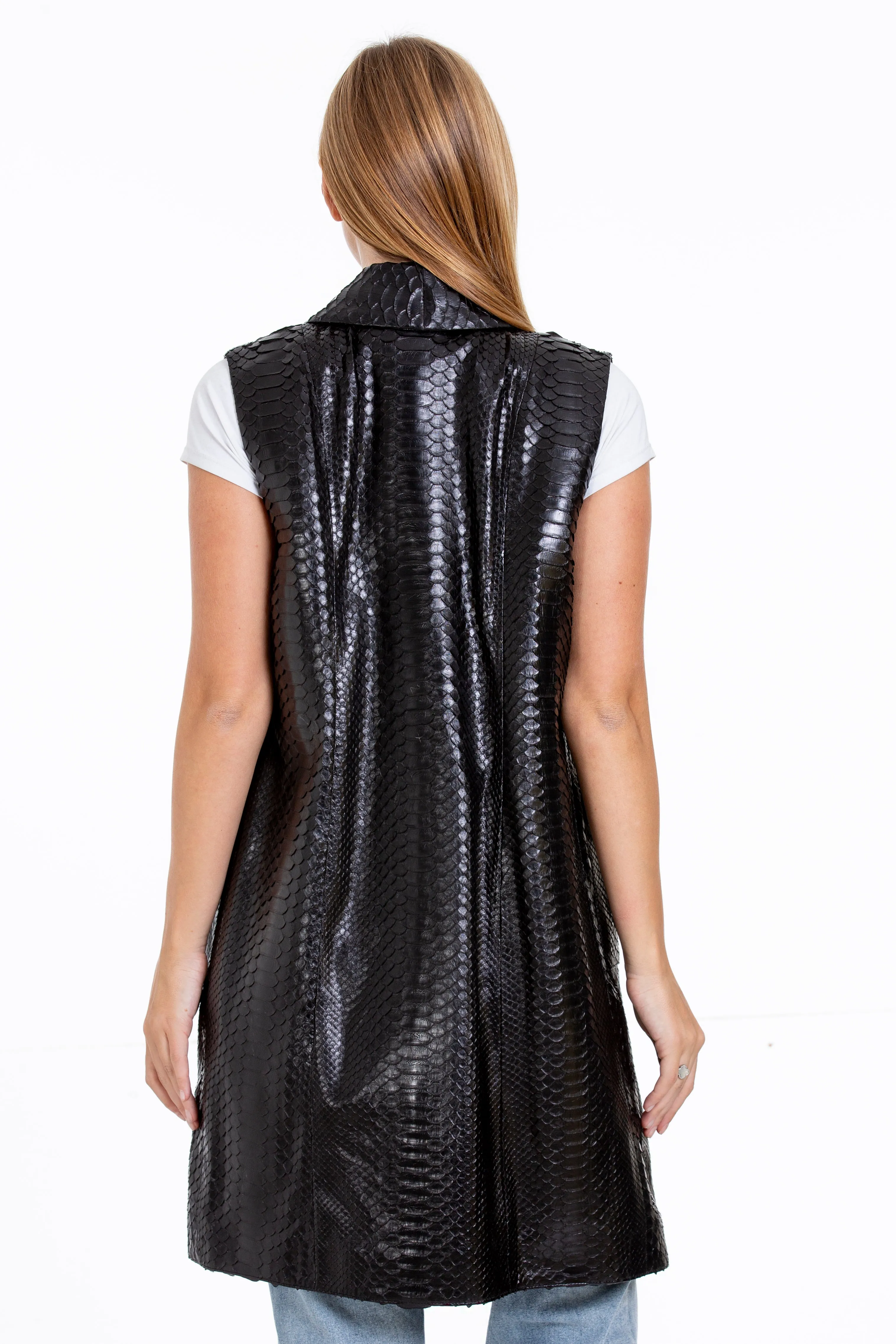 The Medellin Pythn Skin Leather Black Zip-Up Vest Women Jacket