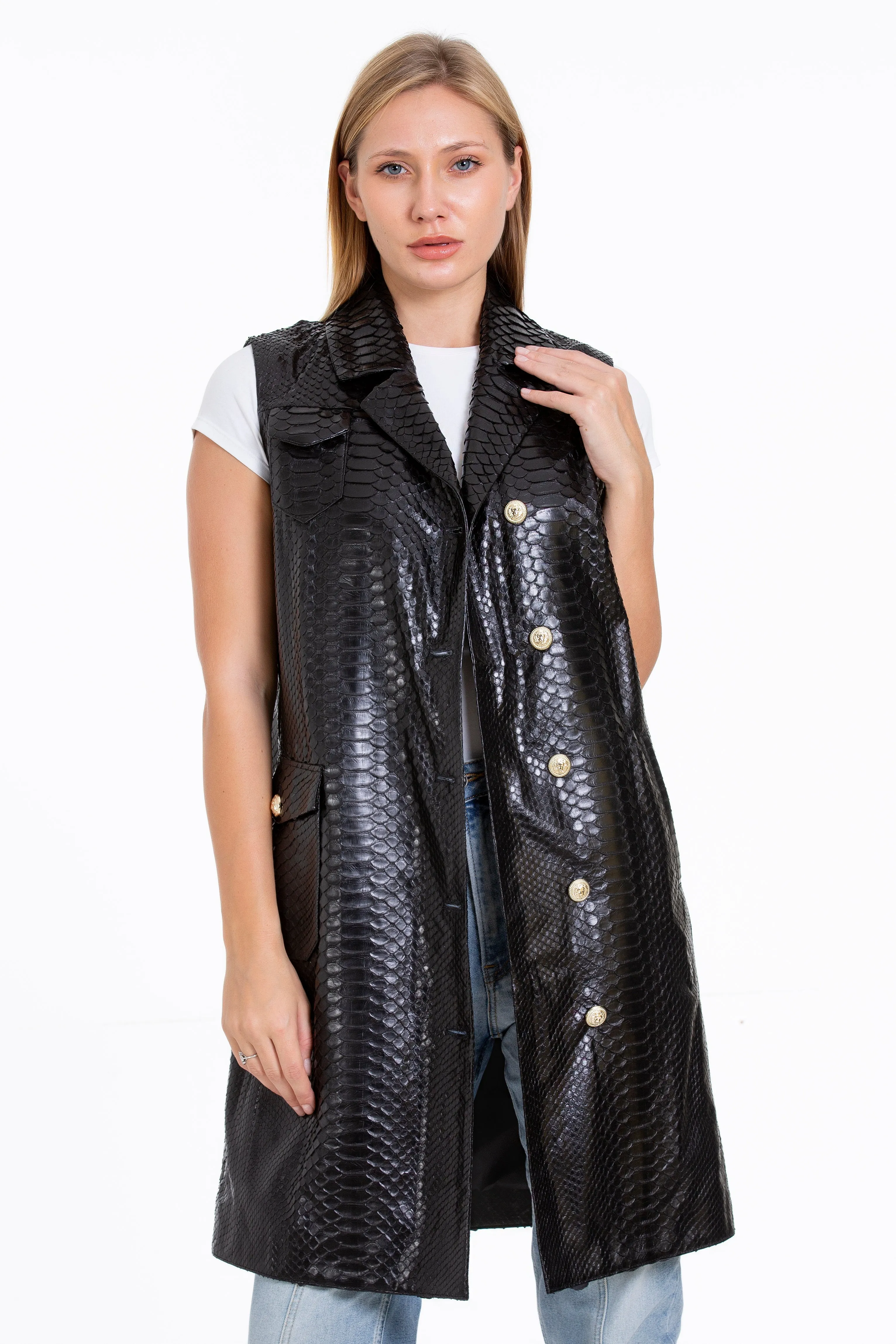 The Medellin Pythn Skin Leather Black Zip-Up Vest Women Jacket