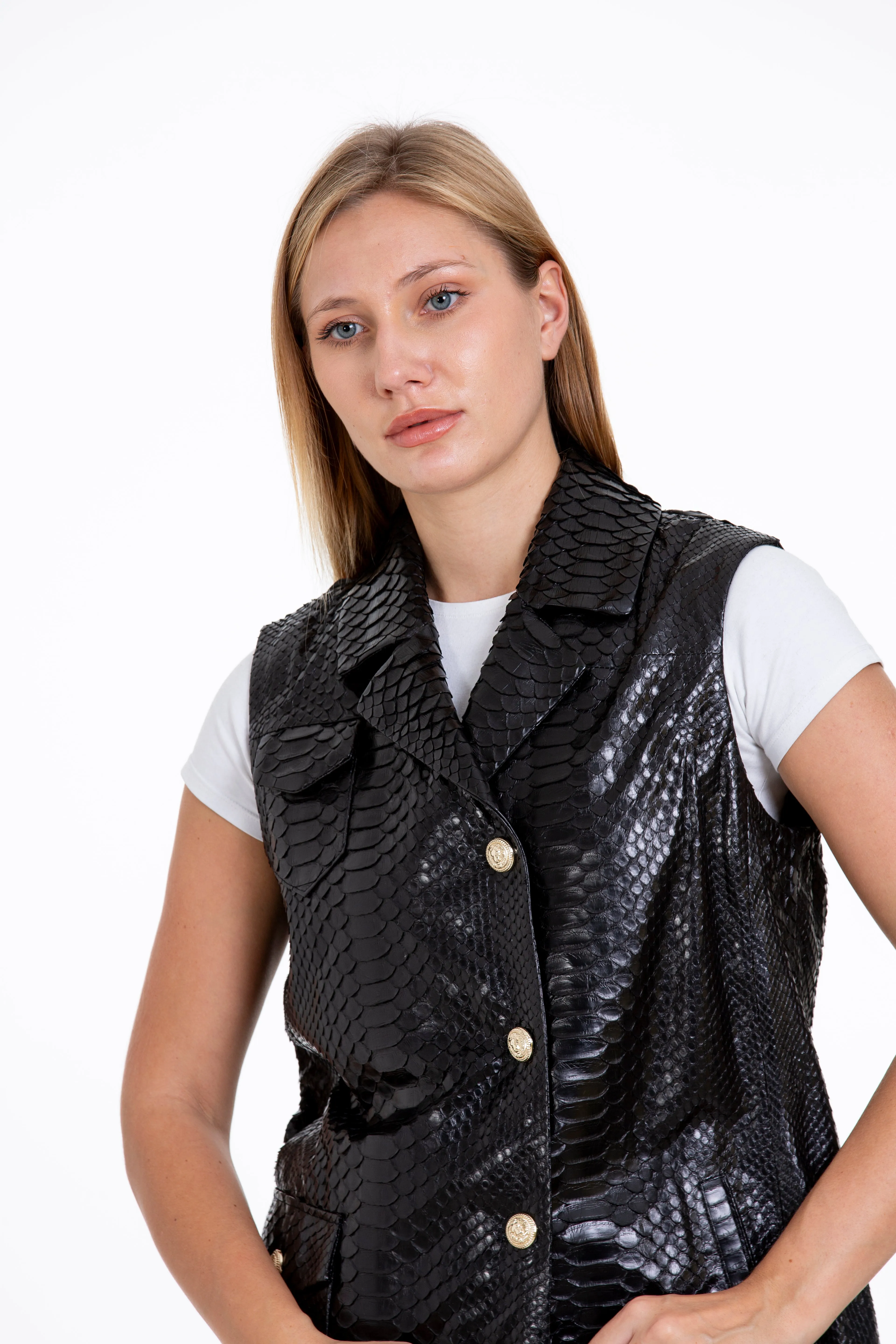 The Medellin Pythn Skin Leather Black Zip-Up Vest Women Jacket