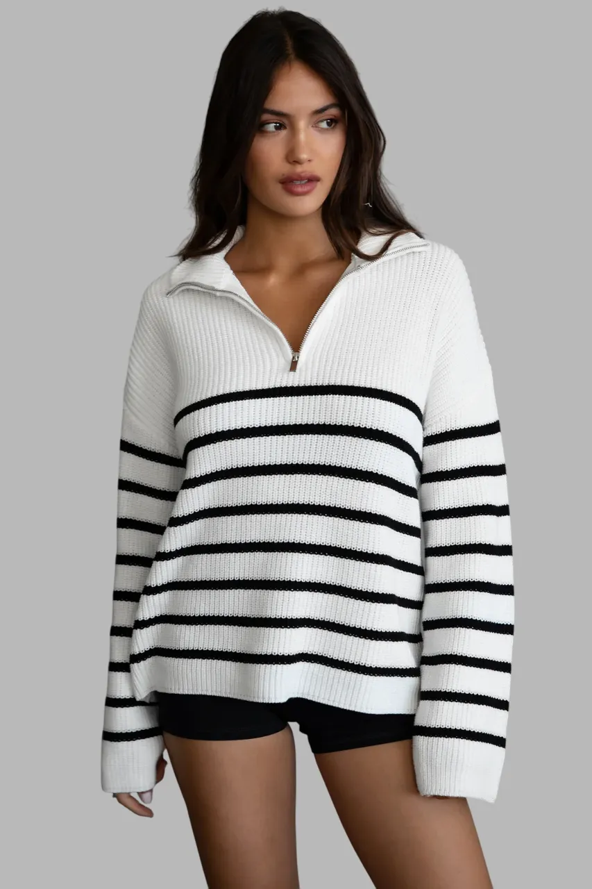 TIC TOC - "MAUREEN" Oversized Striped Zip Sweater