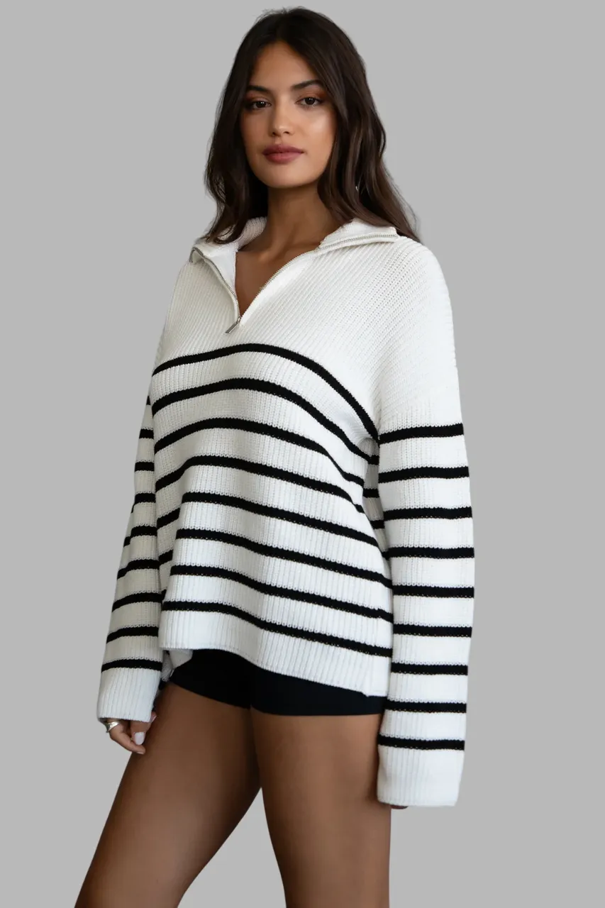 TIC TOC - "MAUREEN" Oversized Striped Zip Sweater