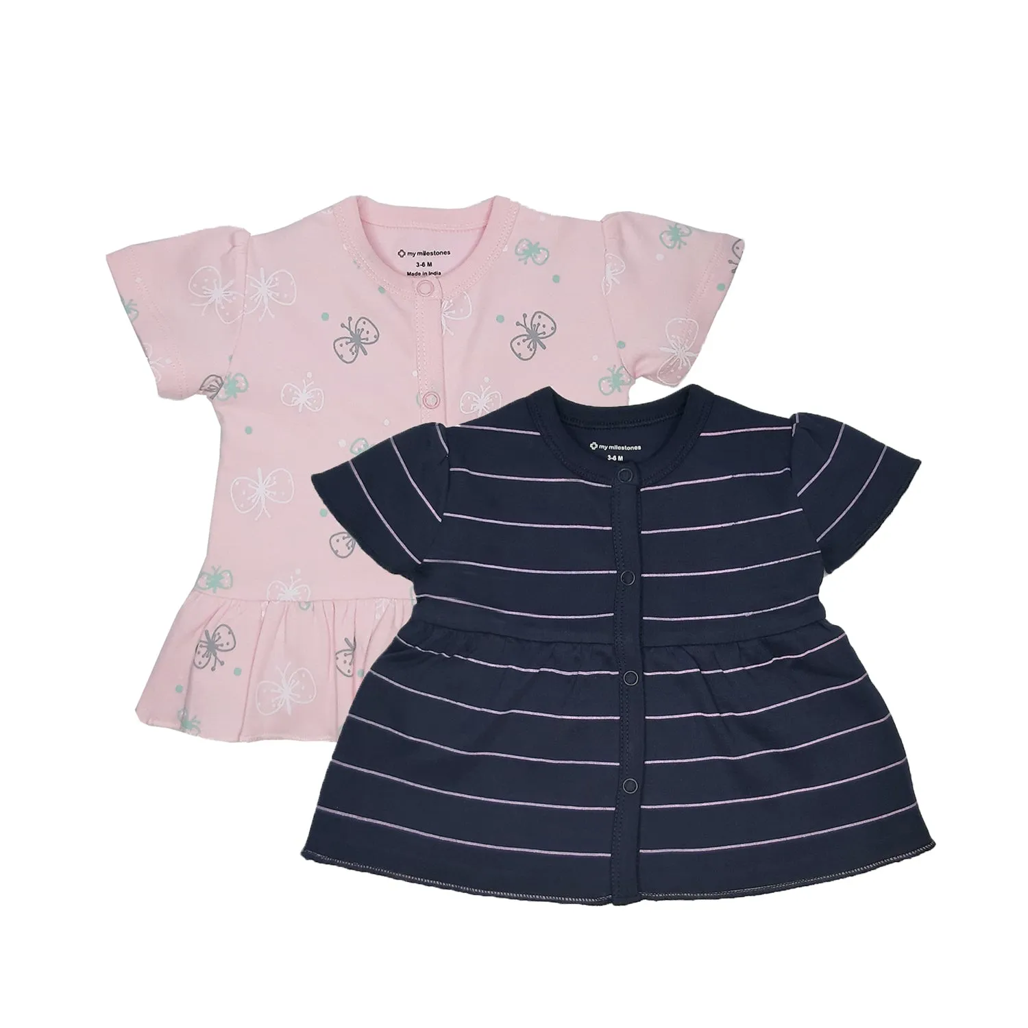 Tops Half Sleeve Girls Pink Butterfly / Navy Blue Stripes- 2Pc Pack