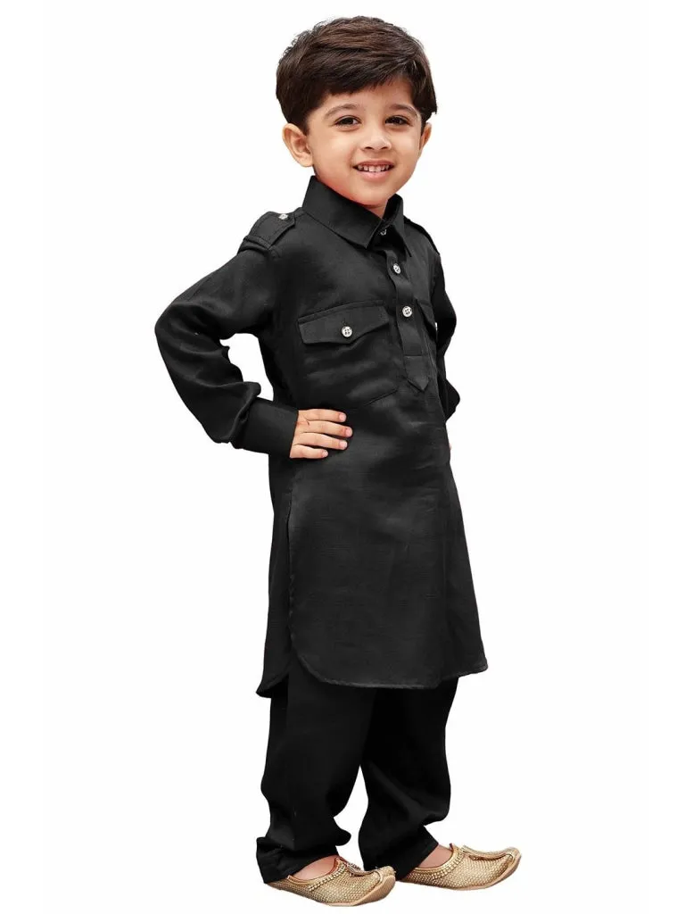 Vastramay Cotton Blend Black Baap Beta Pathani Kurta & Pyjama set