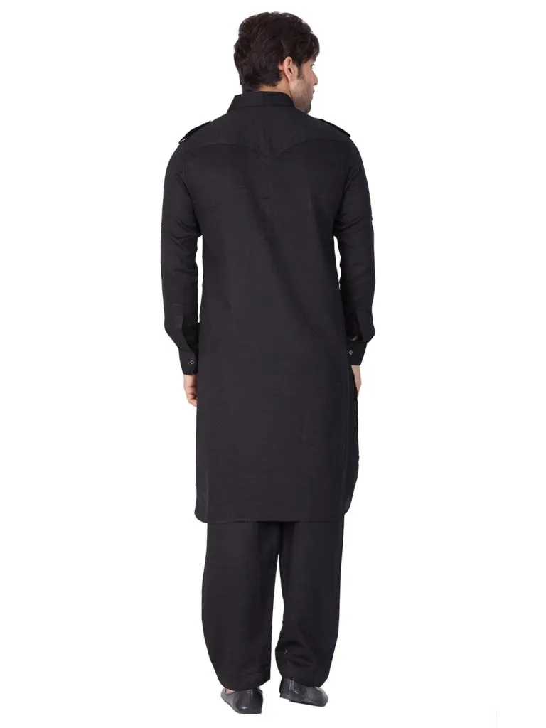 Vastramay Cotton Blend Black Baap Beta Pathani Kurta & Pyjama set