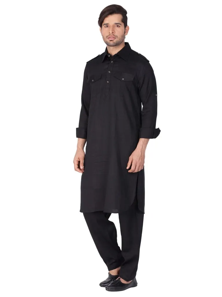 Vastramay Cotton Blend Black Baap Beta Pathani Kurta & Pyjama set