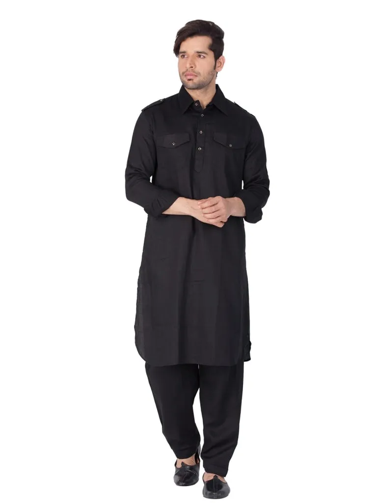 Vastramay Cotton Blend Black Baap Beta Pathani Kurta & Pyjama set