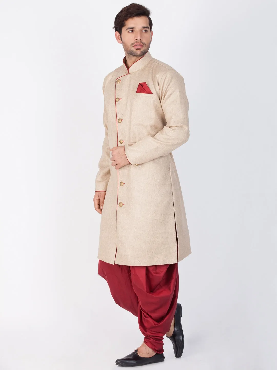 Vastramay Cotton Blend Brown and Maroon Baap Beta Sherwani