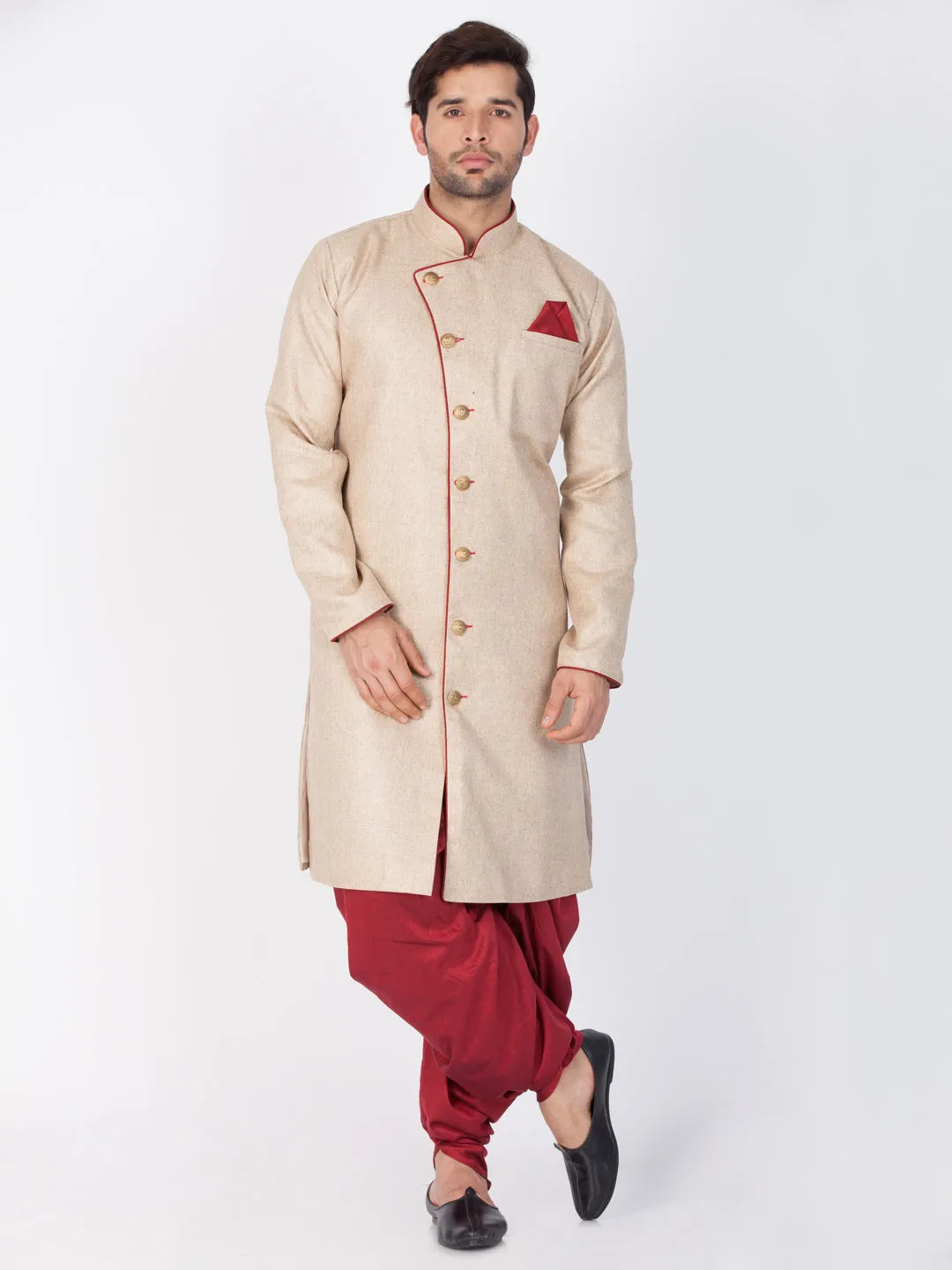 Vastramay Cotton Blend Brown and Maroon Baap Beta Sherwani