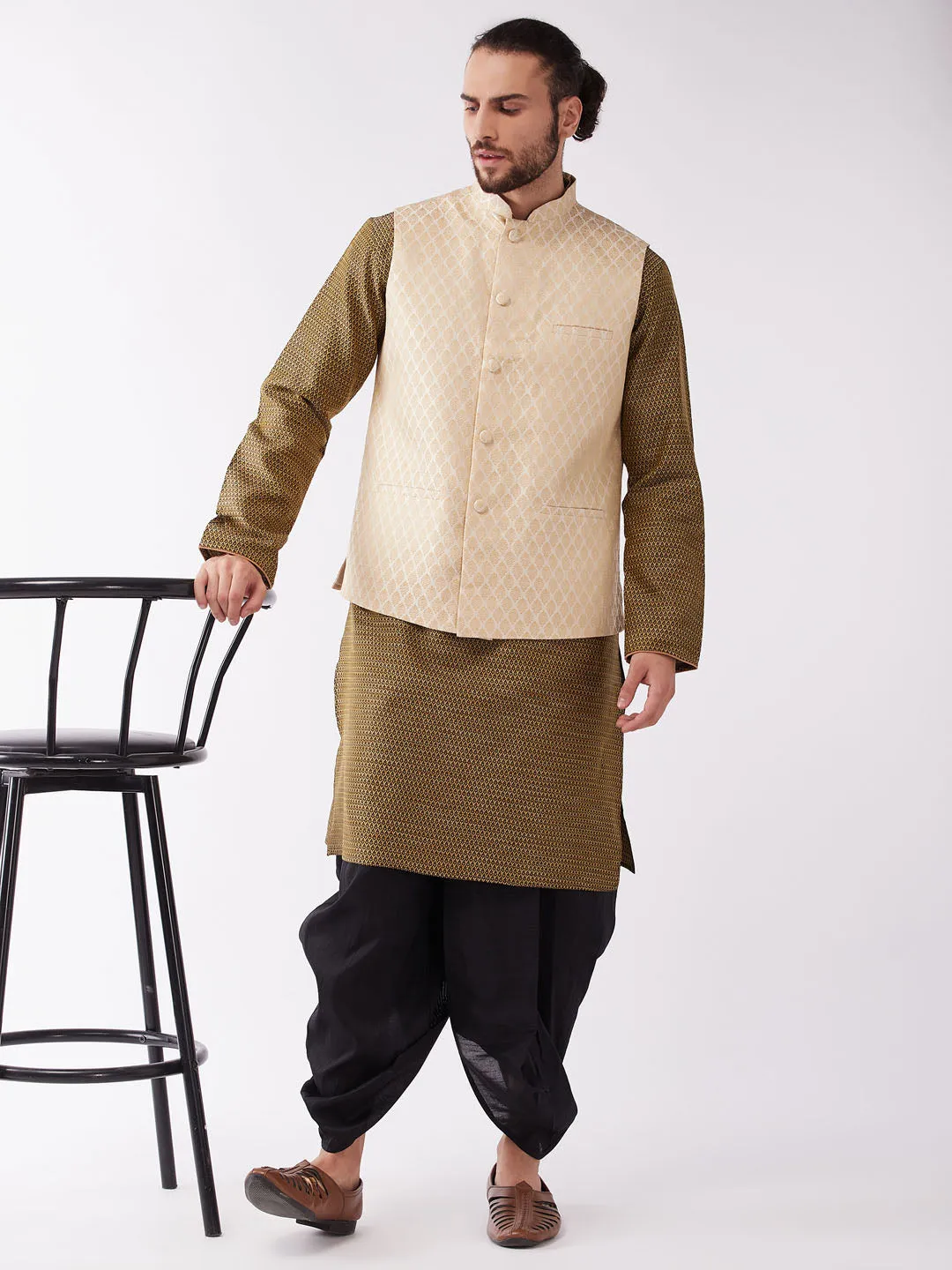 VASTRAMAY Cream Silk Jacket Kurta Dhoti Set