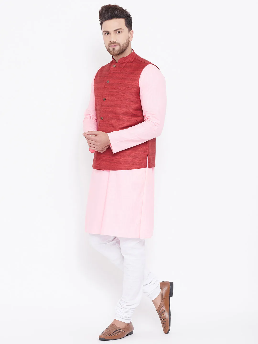 VASTRAMAY Maroon, Pink And White Baap Beta Nehru Jacket Kurta Pyjama set