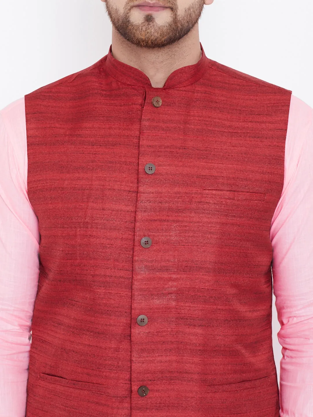 VASTRAMAY Maroon, Pink And White Baap Beta Nehru Jacket Kurta Pyjama set