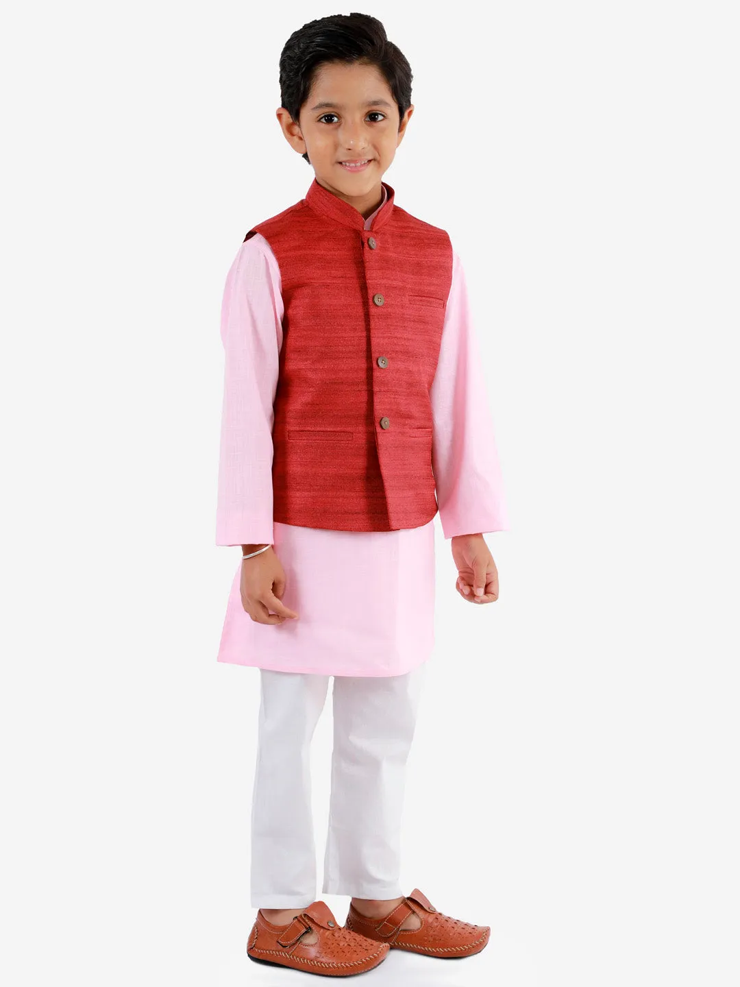 VASTRAMAY Maroon, Pink And White Baap Beta Nehru Jacket Kurta Pyjama set