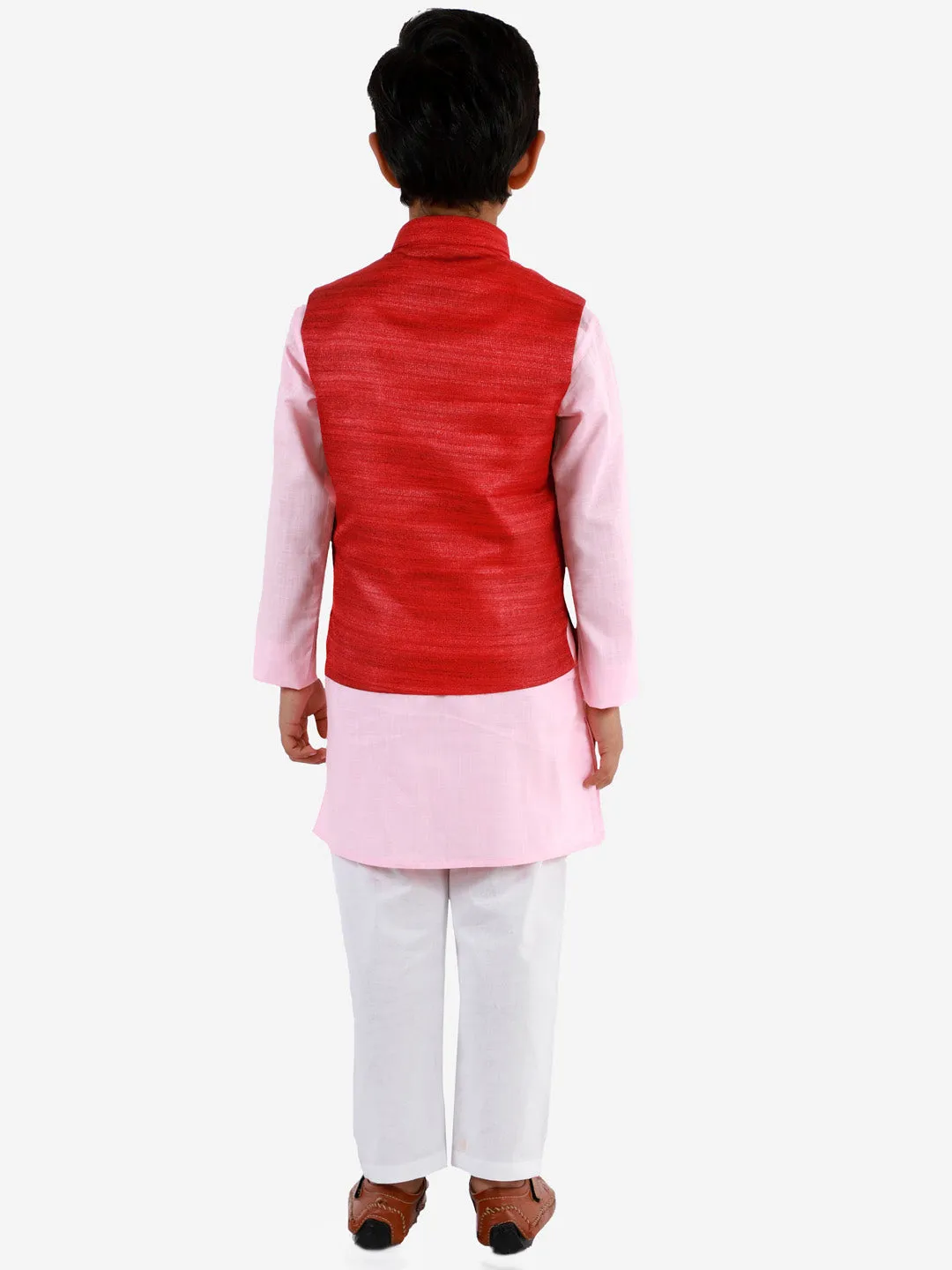 VASTRAMAY Maroon, Pink And White Baap Beta Nehru Jacket Kurta Pyjama set