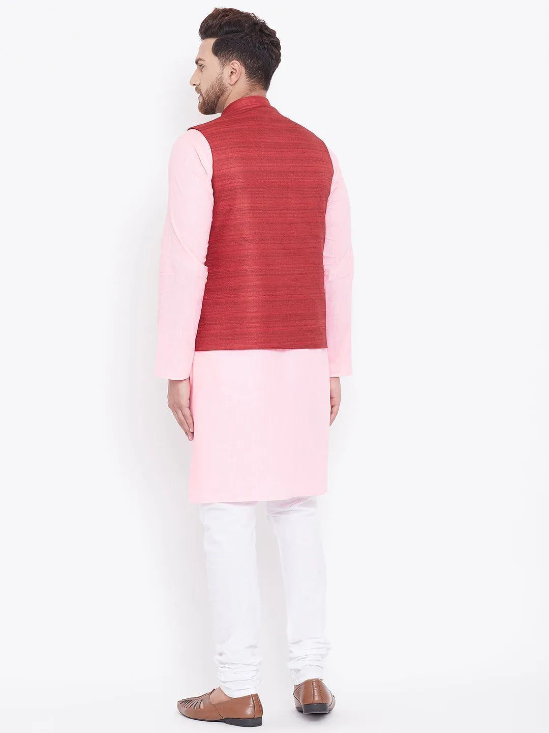 VASTRAMAY Maroon, Pink And White Baap Beta Nehru Jacket Kurta Pyjama set