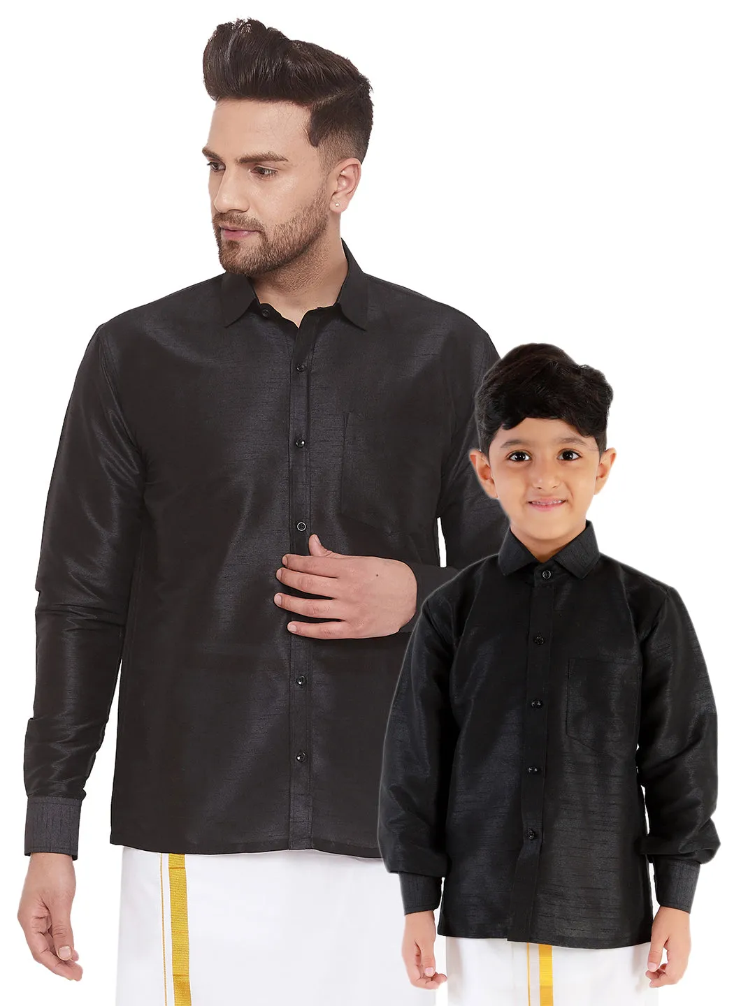 VASTRAMAY Men's & Boys Black Solid Silk Blend Full Sleeve Ethnic Shirt